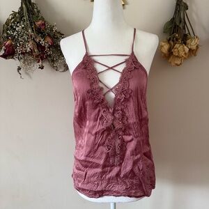 Willow & Clay Fairycore Dusty Rose Lace Criss Cross Halter Top